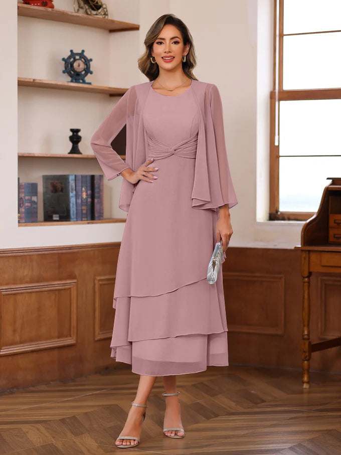 A Line Princess Scoop Neck 2 Pcs Tea Length Mother Of The Bride Dresses With Ruffles Jacket