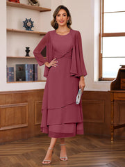 A Line Princess Scoop Neck 2 Pcs Tea Length Mother Of The Bride Dresses With Ruffles Jacket
