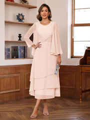 A Line Princess Scoop Neck 2 Pcs Tea Length Mother Of The Bride Dresses With Ruffles Jacket