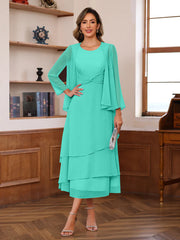 A Line Princess Scoop Neck 2 Pcs Tea Length Mother Of The Bride Dresses With Ruffles Jacket