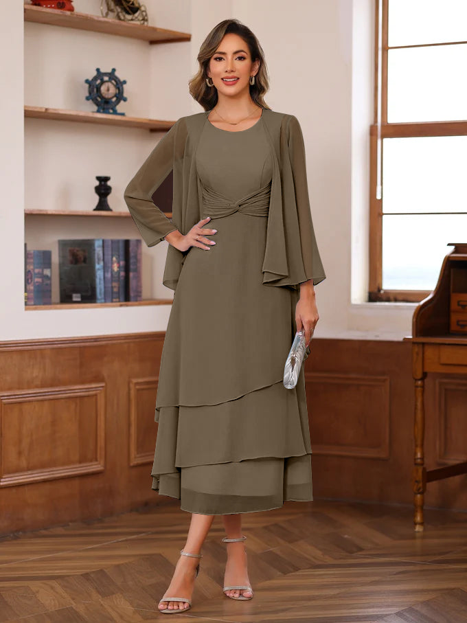 A Line Princess Scoop Neck 2 Pcs Tea Length Mother Of The Bride Dresses With Ruffles Jacket