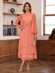 A Line Princess Scoop Neck 2 Pcs Tea Length Mother Of The Bride Dresses With Ruffles Jacket