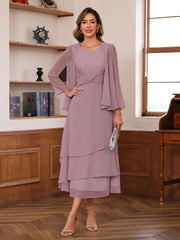 A Line Princess Scoop Neck 2 Pcs Tea Length Mother Of The Bride Dresses With Ruffles Jacket