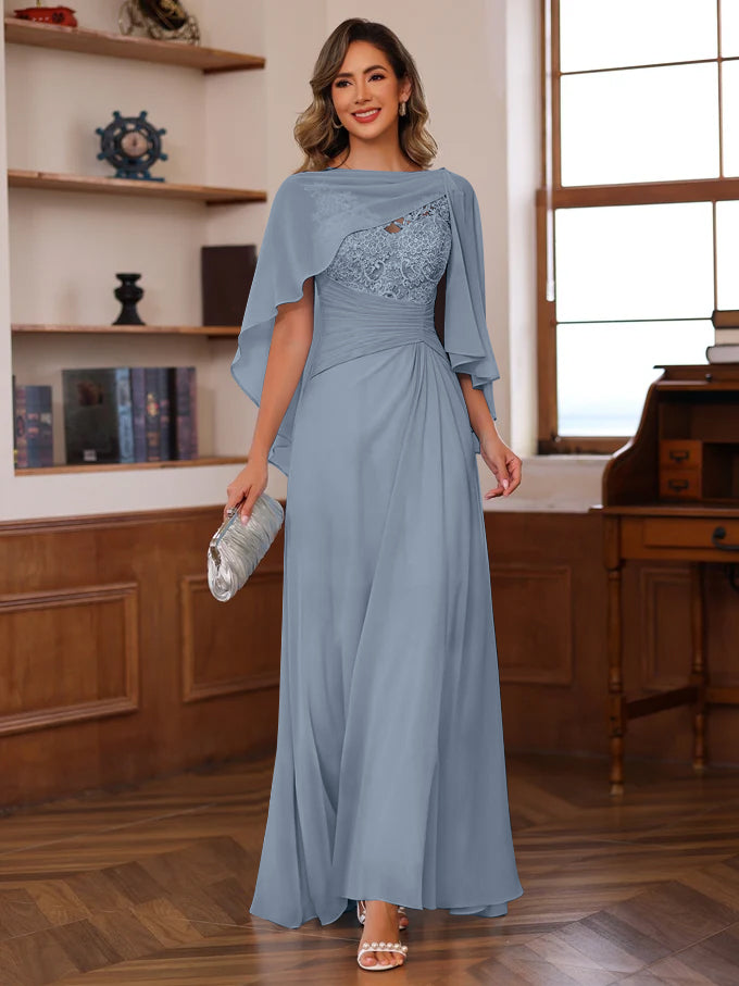 A Line Princess V Neck 2 Pics Floor Length Mother Of The Bride Dresses With Appliques Ruffles Wrap
