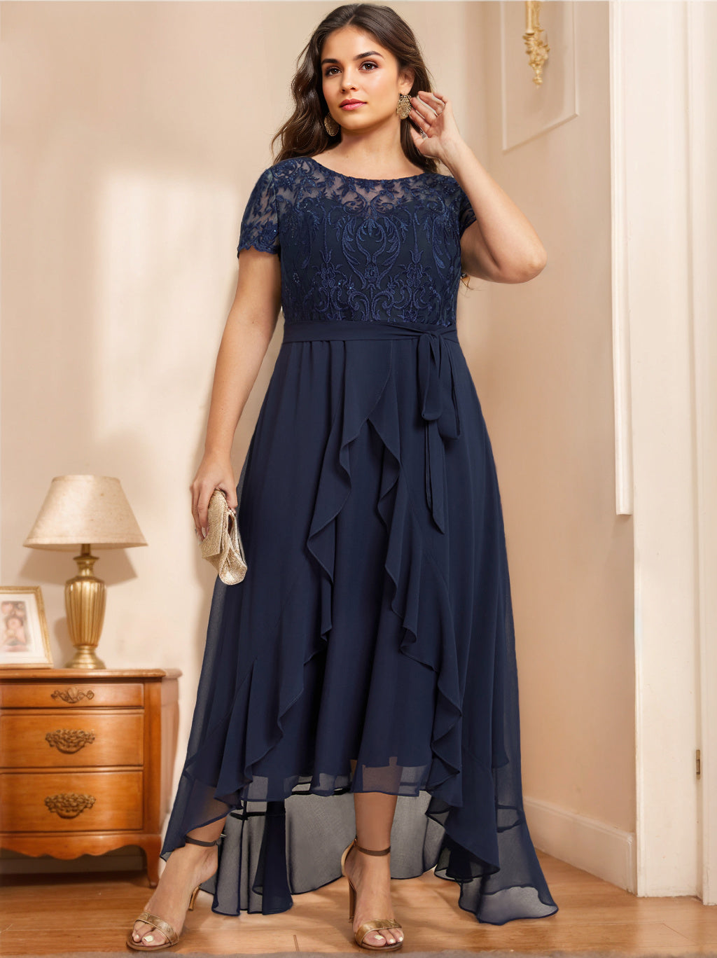 A Line Princess Scoop Neck Short Sleeves Asymmetrical Unique Plus Size Mother Of The Bride Dresses With Bow Ruffles Sequins