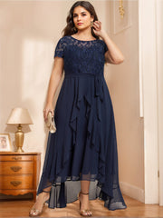 A Line Princess Scoop Neck Short Sleeves Asymmetrical Unique Plus Size Mother Of The Bride Dresses With Bow Ruffles Sequins