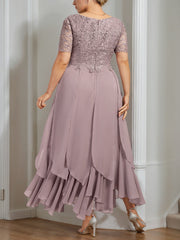 A Line Princess Round Neck Short Sleeves Ankle Length Plus Size Mother Of The Bride Dress With Cascading Ruffles