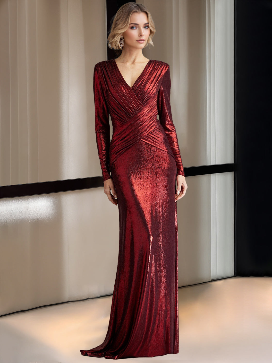 Sheath Column Deep V Neck Long Sleeves Floor Length Mother Of The Bride Dresses With Crisscross Pleated