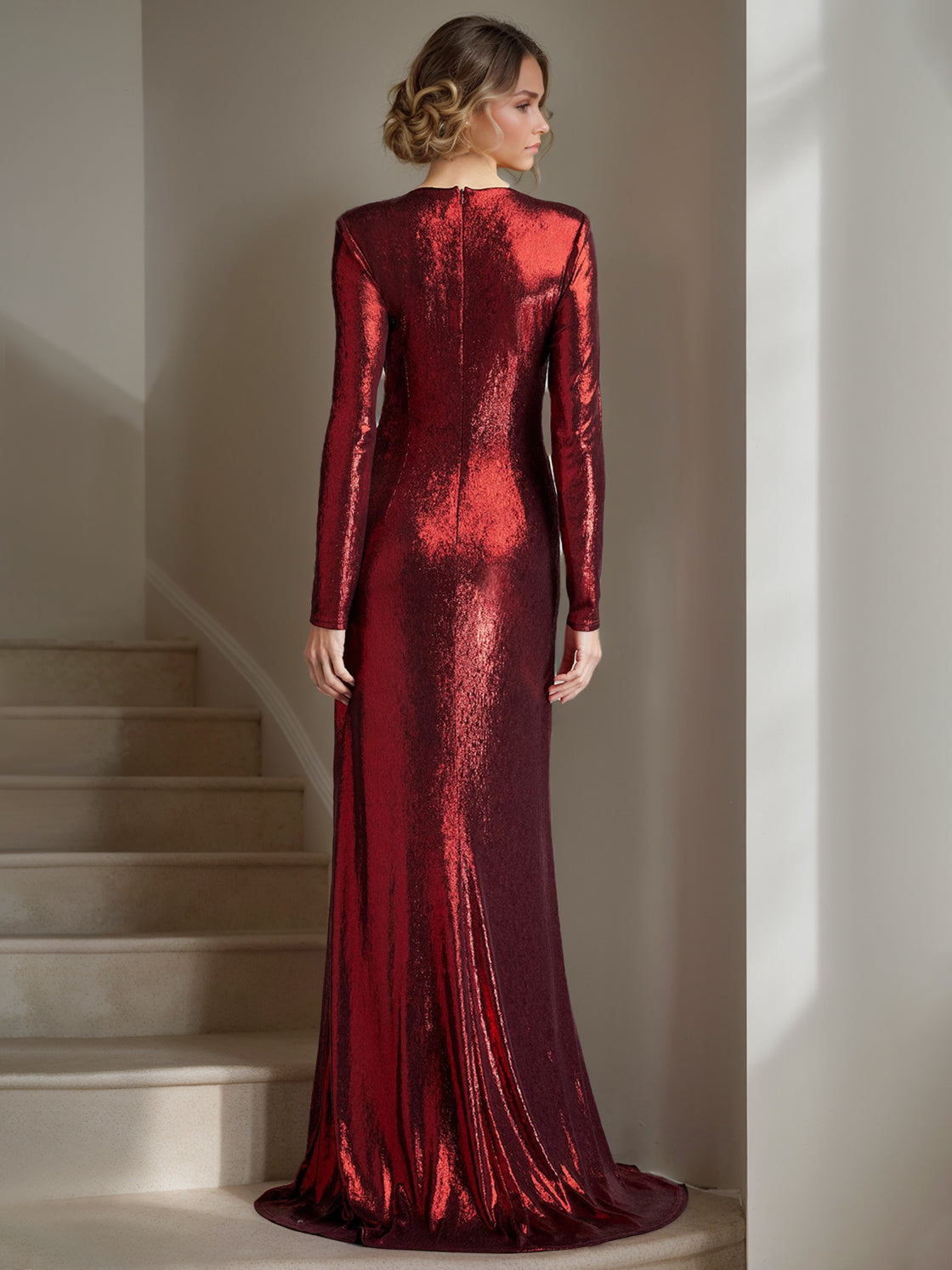 Sheath Column Deep V Neck Long Sleeves Floor Length Mother Of The Bride Dresses With Crisscross Pleated