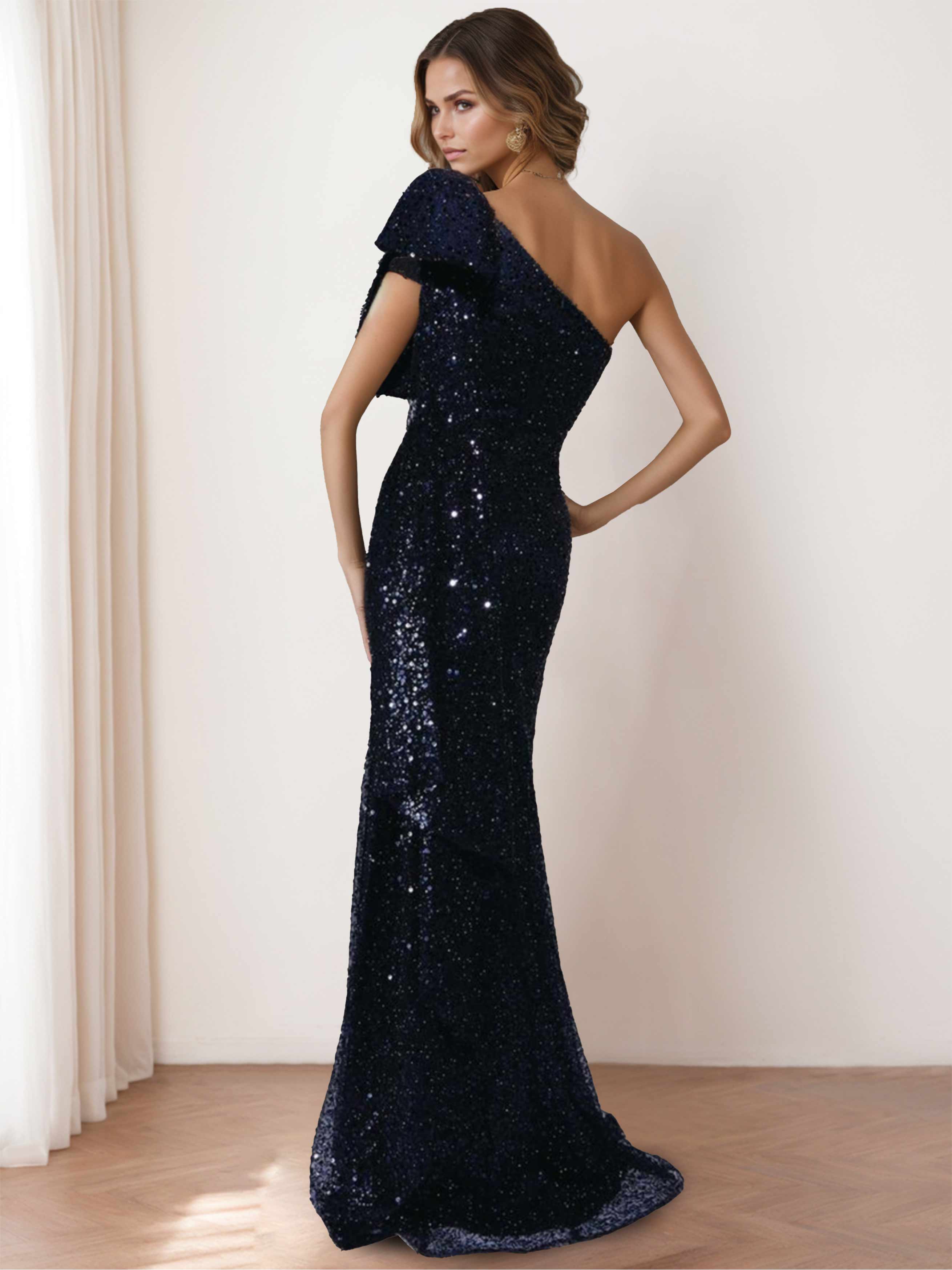 Mermaid Trumpet One Shoulder Sleeveless Floor Length Long Mother Of The Bride Dresses With Bow Side Ruffle