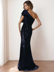 Mermaid Trumpet One Shoulder Sleeveless Floor Length Long Mother Of The Bride Dresses With Bow Side Ruffle