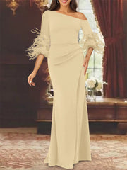 Trumpet Mermaid Mother Of The Bride Feather Dresses With One Shoulder Long Sleeves Chiffon