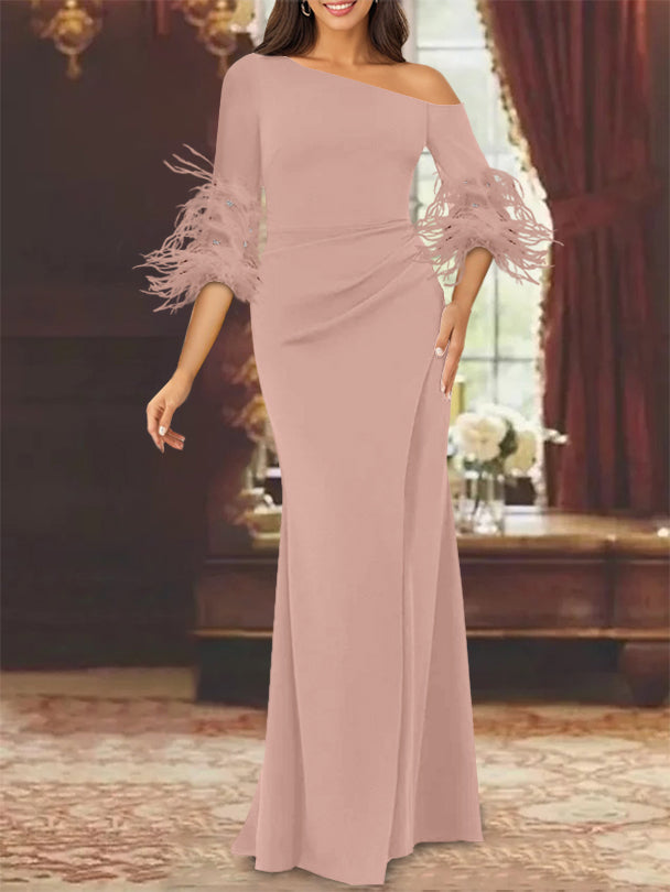 Trumpet Mermaid Mother Of The Bride Feather Dresses With One Shoulder Long Sleeves Chiffon