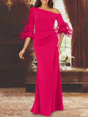 Trumpet Mermaid Mother Of The Bride Feather Dresses With One Shoulder Long Sleeves Chiffon