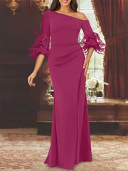 Trumpet Mermaid Mother Of The Bride Feather Dresses With One Shoulder Long Sleeves Chiffon