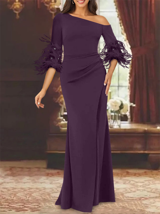 Trumpet Mermaid Mother Of The Bride Feather Dresses With One Shoulder Long Sleeves Chiffon