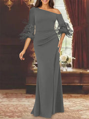 Trumpet Mermaid Mother Of The Bride Feather Dresses With One Shoulder Long Sleeves Chiffon
