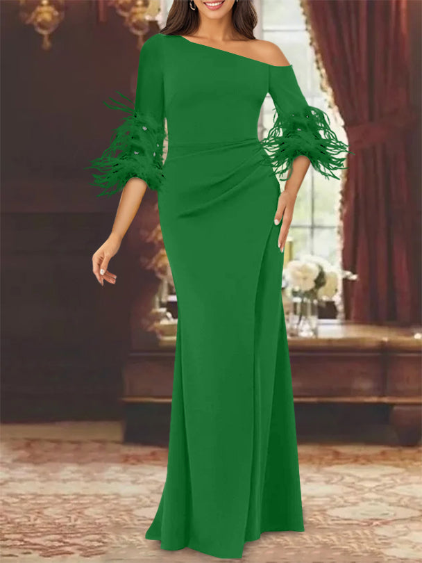 Trumpet Mermaid Mother Of The Bride Feather Dresses With One Shoulder Long Sleeves Chiffon