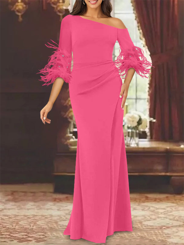 Trumpet Mermaid Mother Of The Bride Feather Dresses With One Shoulder Long Sleeves Chiffon