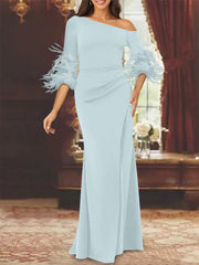 Trumpet Mermaid Mother Of The Bride Feather Dresses With One Shoulder Long Sleeves Chiffon