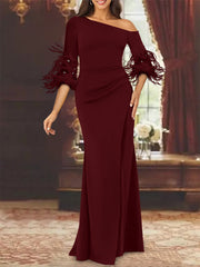 Trumpet Mermaid Mother Of The Bride Feather Dresses With One Shoulder Long Sleeves Chiffon