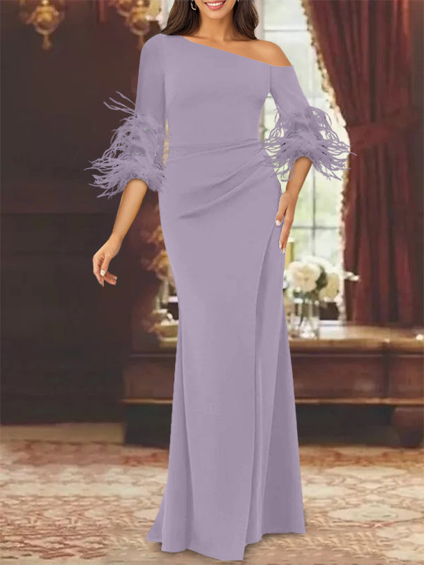 Trumpet Mermaid Mother Of The Bride Feather Dresses With One Shoulder Long Sleeves Chiffon