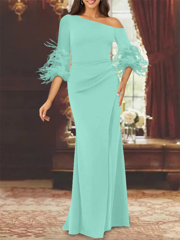 Trumpet Mermaid Mother Of The Bride Feather Dresses With One Shoulder Long Sleeves Chiffon