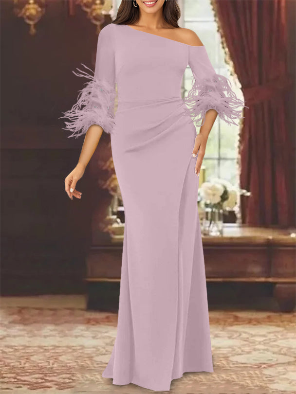 Trumpet Mermaid Mother Of The Bride Feather Dresses With One Shoulder Long Sleeves Chiffon