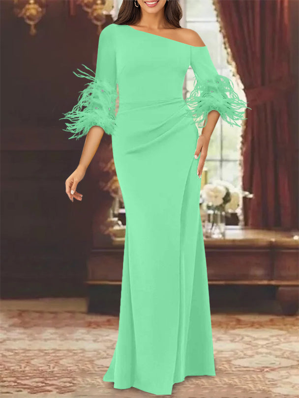 Trumpet Mermaid Mother Of The Bride Feather Dresses With One Shoulder Long Sleeves Chiffon