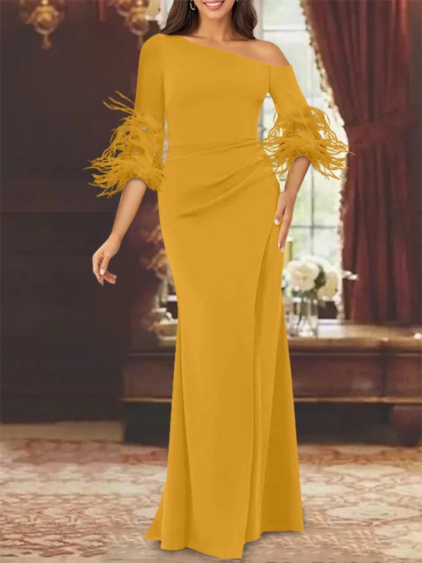 Trumpet Mermaid Mother Of The Bride Feather Dresses With One Shoulder Long Sleeves Chiffon