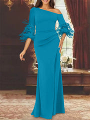 Trumpet Mermaid Mother Of The Bride Feather Dresses With One Shoulder Long Sleeves Chiffon