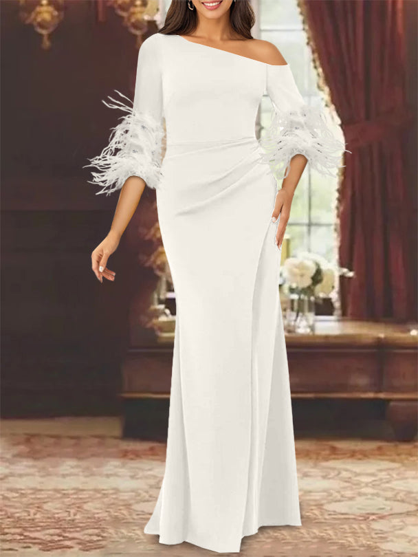 Trumpet Mermaid Mother Of The Bride Feather Dresses With One Shoulder Long Sleeves Chiffon