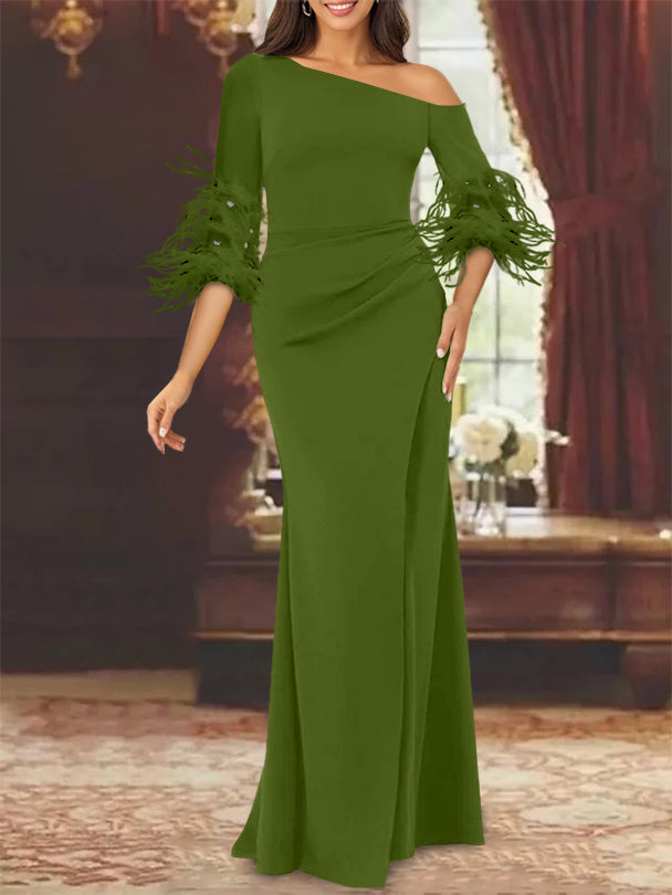 Trumpet Mermaid Mother Of The Bride Feather Dresses With One Shoulder Long Sleeves Chiffon
