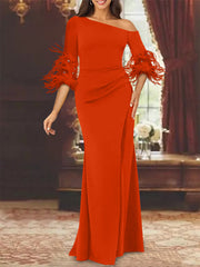 Trumpet Mermaid Mother Of The Bride Feather Dresses With One Shoulder Long Sleeves Chiffon