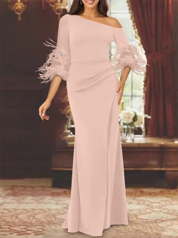 Trumpet Mermaid Mother Of The Bride Feather Dresses With One Shoulder Long Sleeves Chiffon