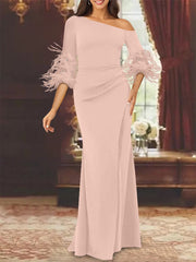 Trumpet Mermaid Mother Of The Bride Feather Dresses With One Shoulder Long Sleeves Chiffon