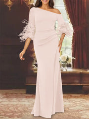 Trumpet Mermaid Mother Of The Bride Feather Dresses With One Shoulder Long Sleeves Chiffon
