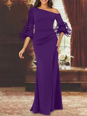 Trumpet Mermaid Mother Of The Bride Feather Dresses With One Shoulder Long Sleeves Chiffon