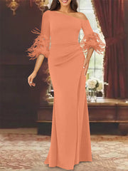 Trumpet Mermaid Mother Of The Bride Feather Dresses With One Shoulder Long Sleeves Chiffon