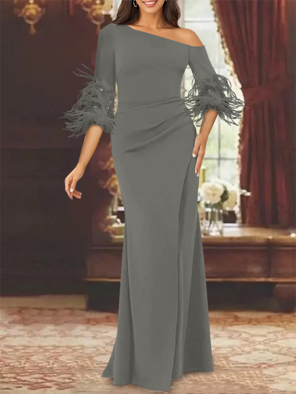 Trumpet Mermaid Mother Of The Bride Feather Dresses With One Shoulder Long Sleeves Chiffon