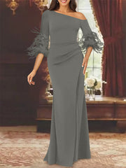 Trumpet Mermaid Mother Of The Bride Feather Dresses With One Shoulder Long Sleeves Chiffon