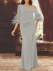 Trumpet Mermaid Mother Of The Bride Feather Dresses With One Shoulder Long Sleeves Chiffon