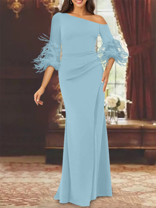 Trumpet Mermaid Mother Of The Bride Feather Dresses With One Shoulder Long Sleeves Chiffon