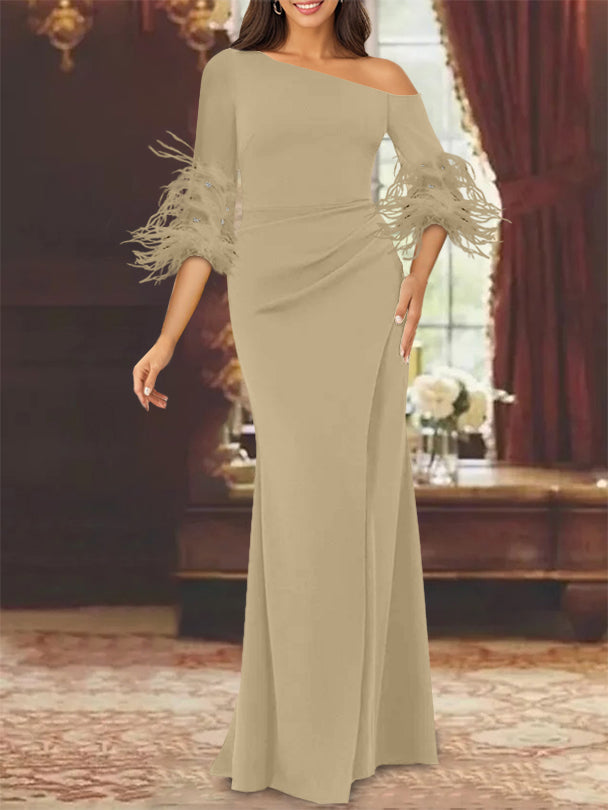 Trumpet Mermaid Mother Of The Bride Feather Dresses With One Shoulder Long Sleeves Chiffon