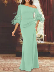 Trumpet Mermaid Mother Of The Bride Feather Dresses With One Shoulder Long Sleeves Chiffon
