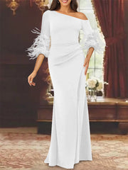 Trumpet Mermaid Mother Of The Bride Feather Dresses With One Shoulder Long Sleeves Chiffon