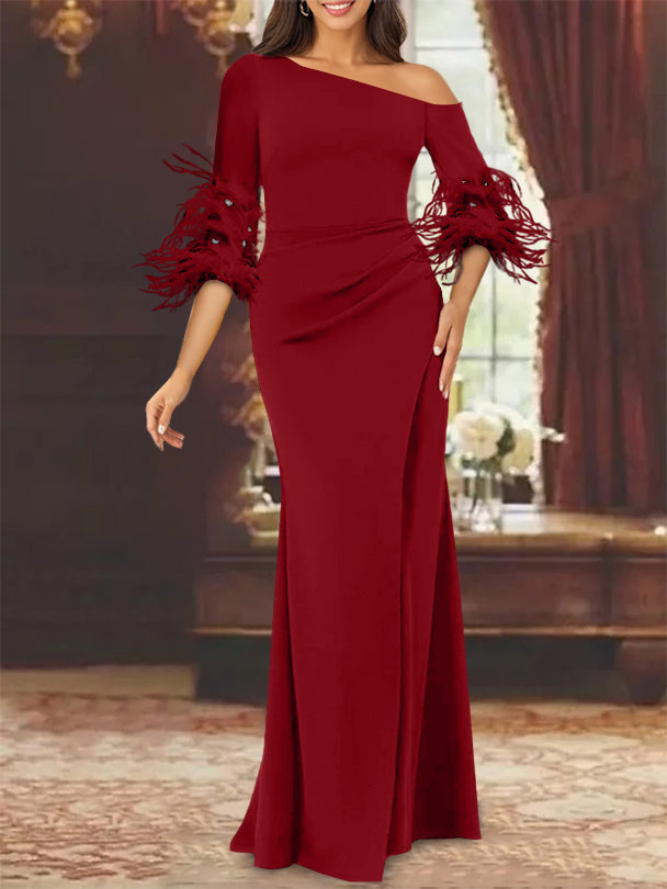 Trumpet Mermaid Mother Of The Bride Feather Dresses With One Shoulder Long Sleeves Chiffon