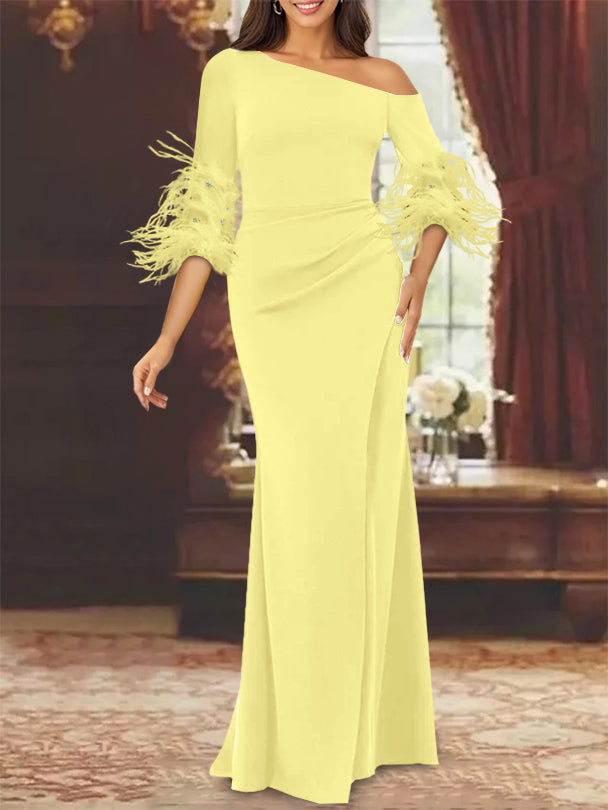 Trumpet Mermaid Mother Of The Bride Feather Dresses With One Shoulder Long Sleeves Chiffon
