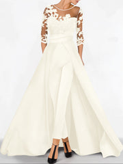 A Line Princess Sweetheart 3 4 Sleeves Floor Length Mother Of The Bride Jumpsuit With Applique