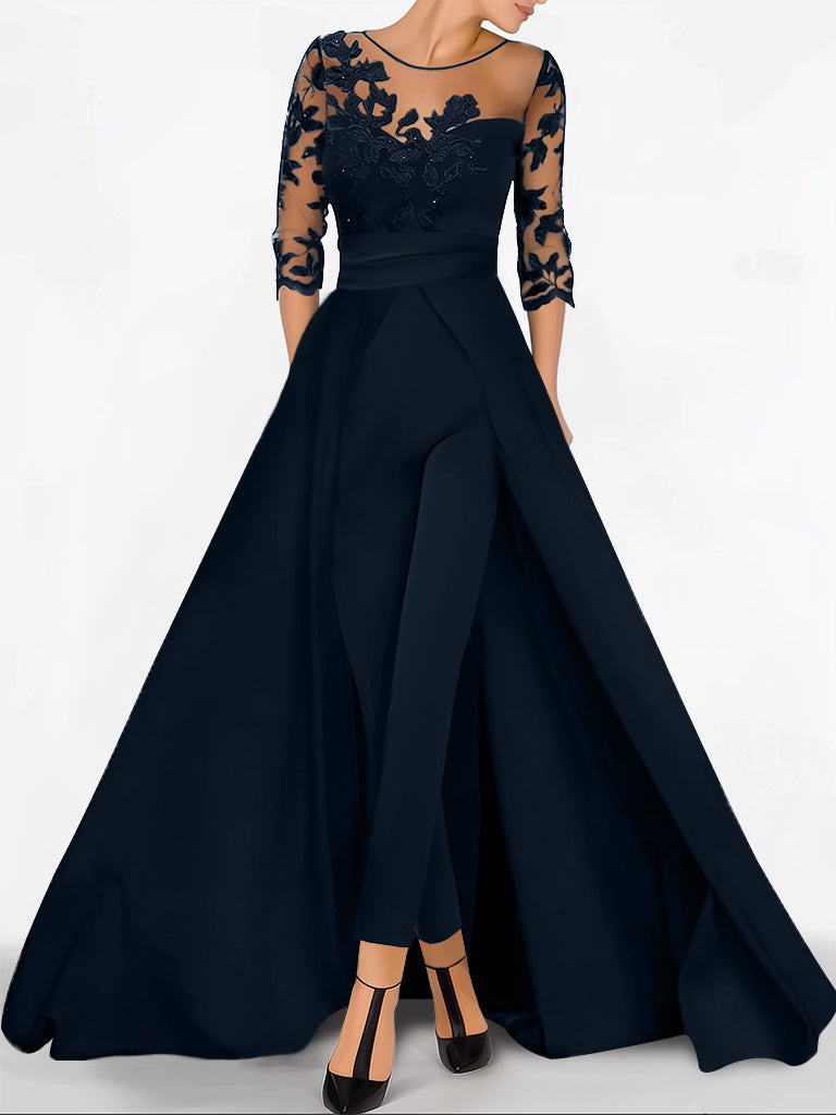A Line Princess Sweetheart 3 4 Sleeves Floor Length Mother Of The Bride Jumpsuit With Applique
